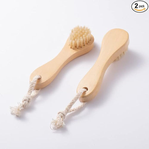 2 Pack Wood Handle Manual Face Facial Cleansing Brush, 5.7” Natural Boar by HiKin
