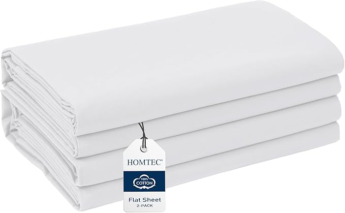 Queen Size Flat Sheet 2 Pack, 100% Cotton Percale Flat Bed Sheet, Breathable by HOMTEC
