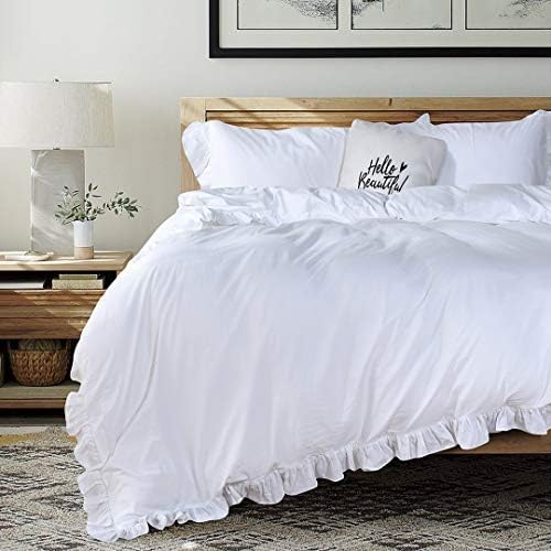 QSH White Ruffle California King Duvet Cover, Washed Cotton Farmhouse Shabby - Image 6