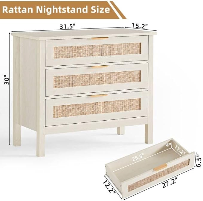 LEYAOYAO 31.5" Wide Rattan Night Stand, Large Boho Nightstand, Bedside Table - Image 2