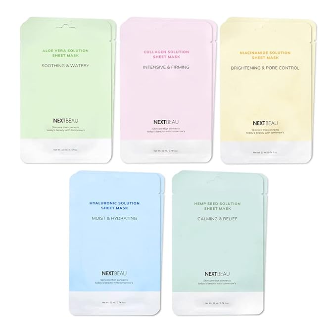 NEXTBEAU Solution Sheet Mask Variety Pack, 0.74 fl oz Each, Korean Facial Sheet by NEXTBEAU