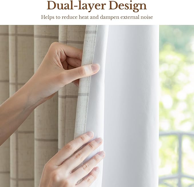 Linen Plaid Blackout Curtains Gingham Double Layer - Image 7