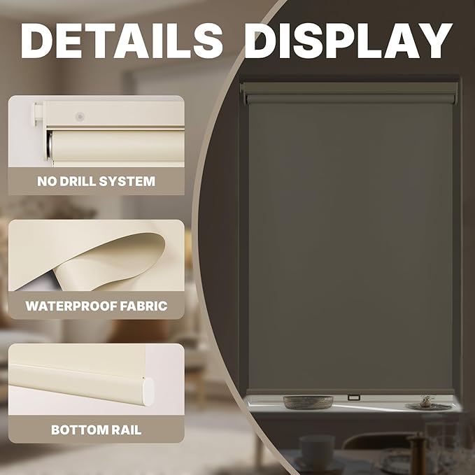 HESTIA No Drill Cordless Blackout Roller Shades Screwless Waterproof Shower - Image 2