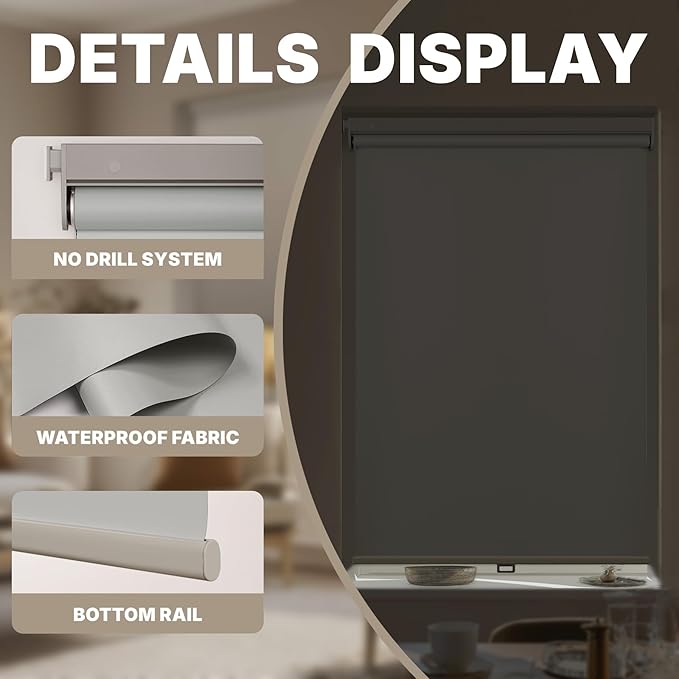 HESTIA No Drill Cordless Blackout Roller Shades Screwless Waterproof Shower - Image 2