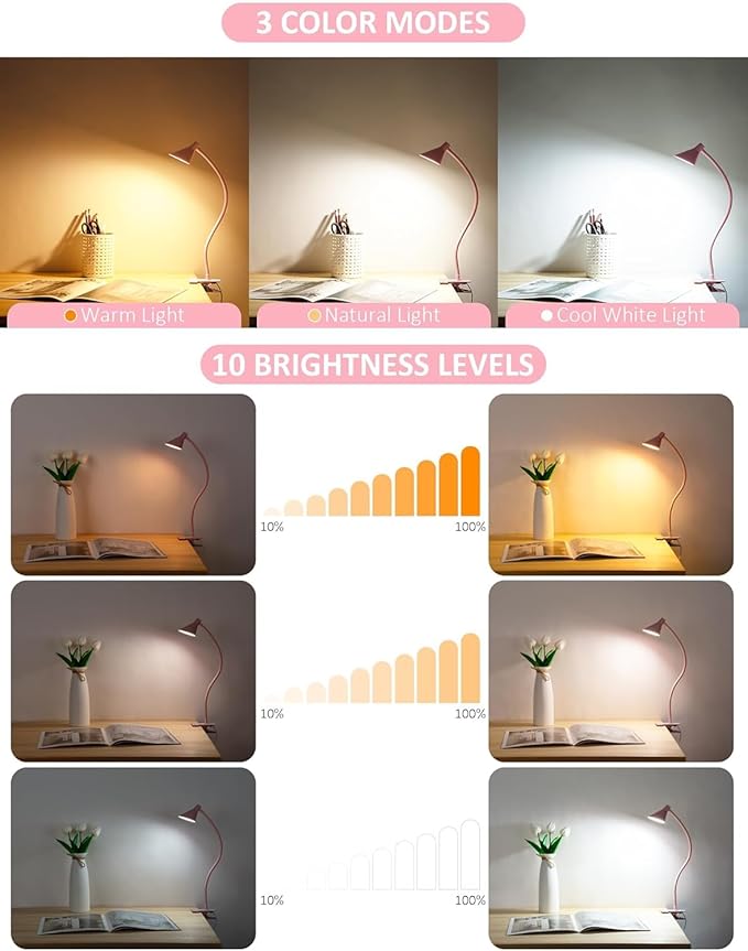 Clip on Light USB Reading Light, Eye Care Dimmable Reading Lamp Flexible Goose - Image 2