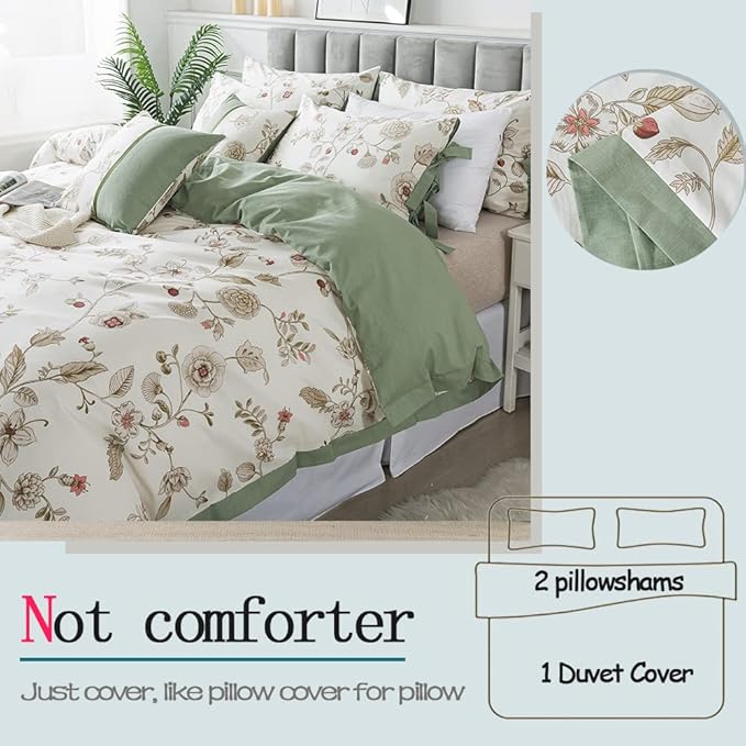 FADFAY Floral Bedding Set Queen 100% Cotton Shabby and Chic Beige Green - Image 4