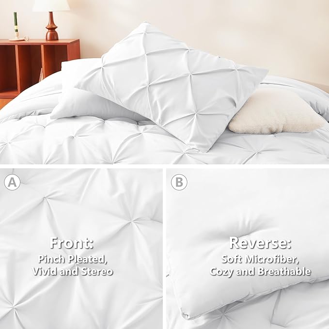 CozyLux King Size Comforter Set White, 7 Pieces Pintuck Bed in A Bag White - Image 3