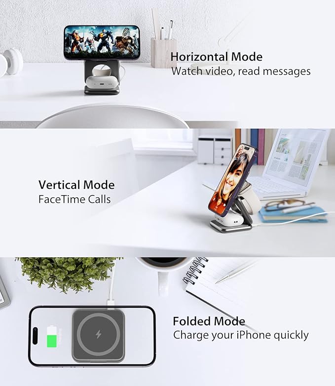 Foldable Magnetic Wireless Charger, KU XIU X40 Aluminum Alloy 3 in 1 Charging - Image 2