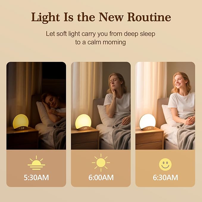 REACHER Wood Grain Sunrise Alarm Clock and Sound Machine Nightlight, Digital - Image 2