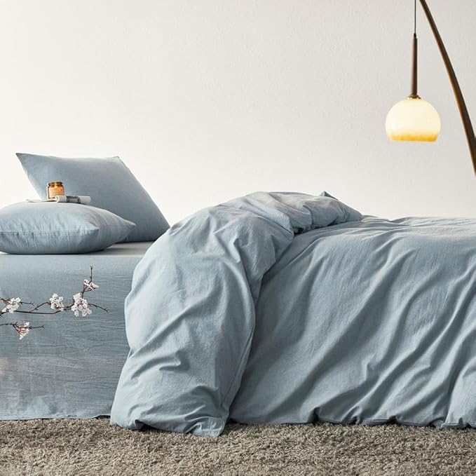 Wake In Cloud - Cotton Duvet Cover Set, Queen Size, Light Denim Blue, 100% - Image 5