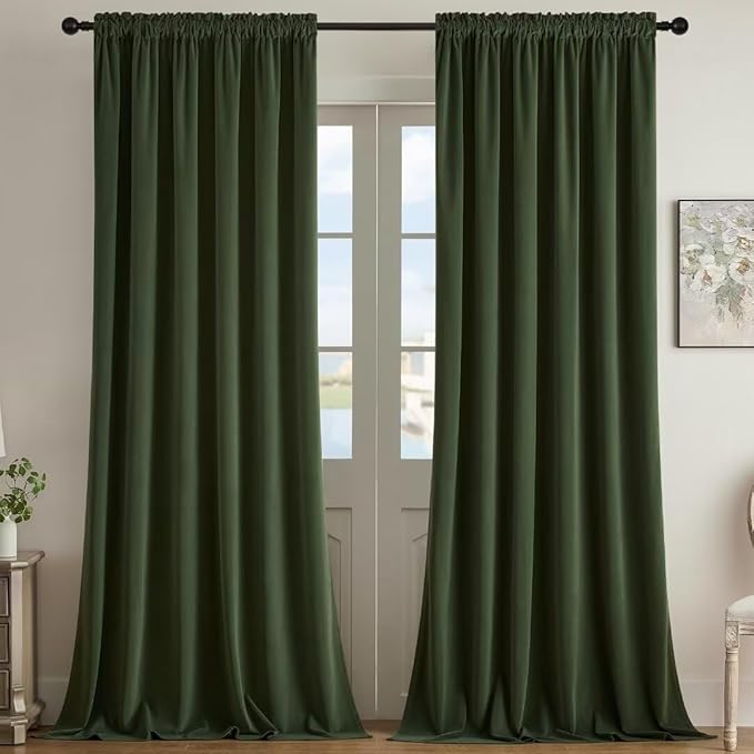 Joydeco Dark Olive Velvet Curtains 120 inch Length 2 Panels, Luxury Blackout by JOYDECO