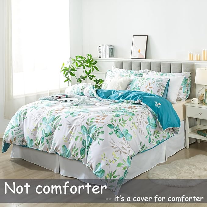 FADFAY Botanical Duvet Cover Sets Twin Size 100% Cotton Teal Green Leaves - Image 3