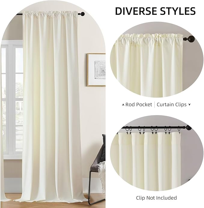 Joydeco Ivory Velvet Curtains 84 inch Length 2 Panels, Luxury Blackout Rod - Image 2