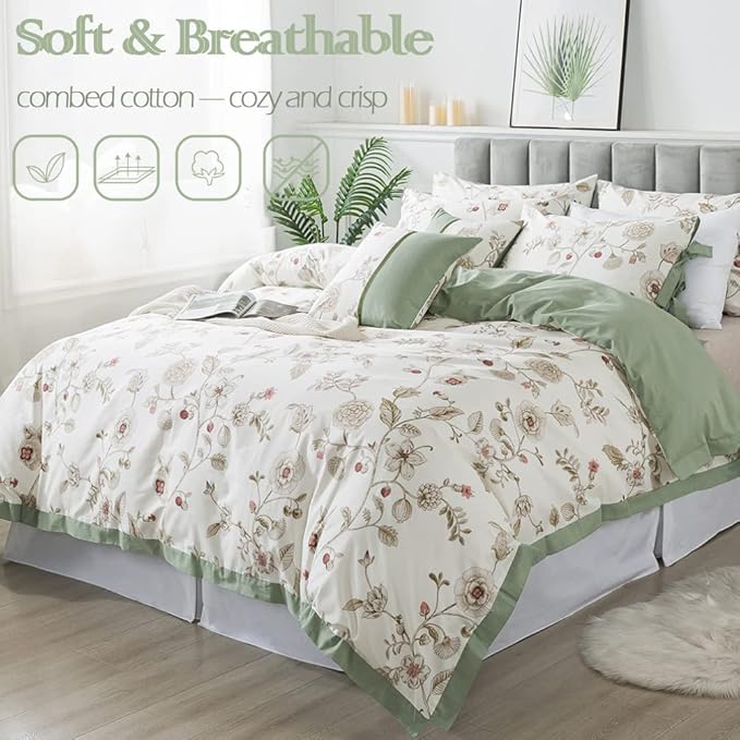 FADFAY Floral Bedding Set Queen 100% Cotton Shabby and Chic Beige Green - Image 7