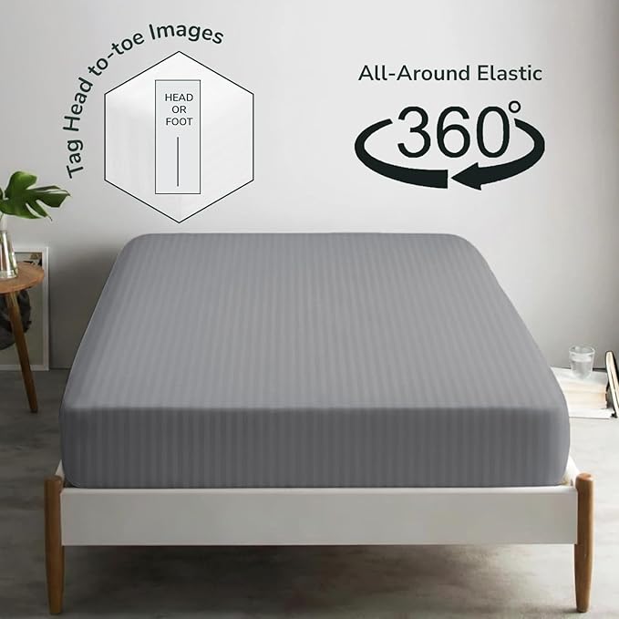 Feather & Stitch 1 Piece Fitted Sheet King Size, 100% Cotton Damask Sateen Weave - Image 4