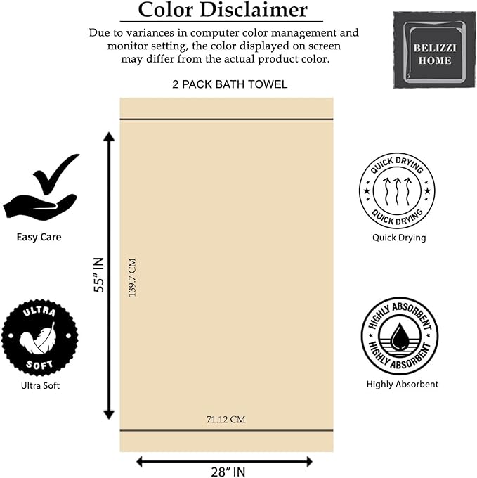 Belizzi Home Ultra Soft 2 Pack Oversized Bath Towel Set 28x55 inches, 100% - Image 7