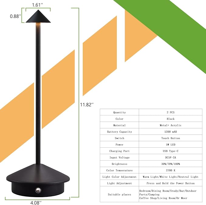 2 Pack Cordless LED Table Lamp, Rechargeable 5200mAH Battery Operated Lamp - Image 5