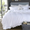QSH Washed Cotton Ruffled King Duvet Cover Set, Vintage White Shabby Boho Chic by QSH