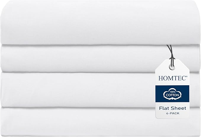 King Size Flat Sheet 4 Pack, 100% Cotton Percale Flat Bed Sheet, Breathable by HOMTEC