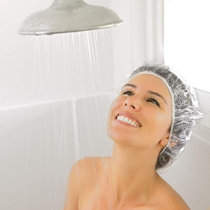 Auban 30PCS Disposable Shower Caps, Plastic Clear Hair Cap Large Thick - Image 9