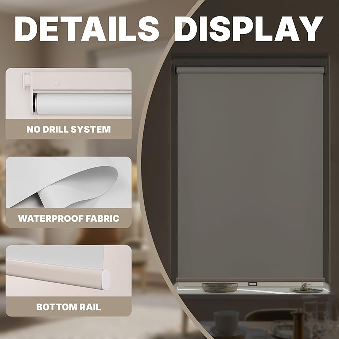 HESTIA No Drill Cordless Blackout Roller Shades Screwless Waterproof Shower - Image 2