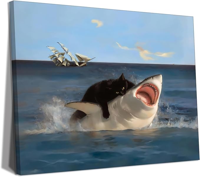 BFKDKG Framed Black Cat Wall Art, Funny Quirky Cat and Shark Pictures Canvas by BFKDKG
