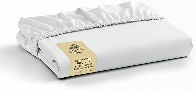 Linen Home 100% Cotton Percale Weave Fitted Sheet, King Size, Snow White by LINENHOME