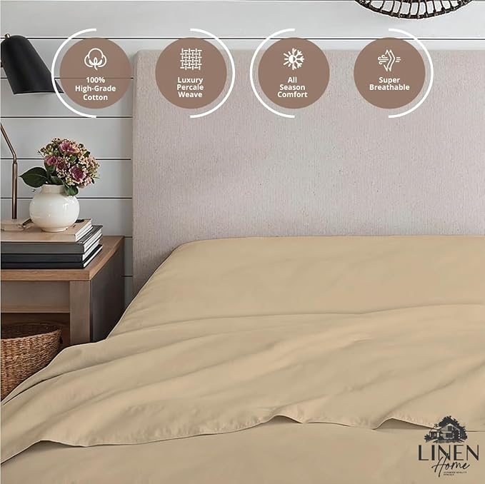 Linen Home 100% Cotton Percale Weave Fitted Sheet, Full Size, Light Taupe - Image 3