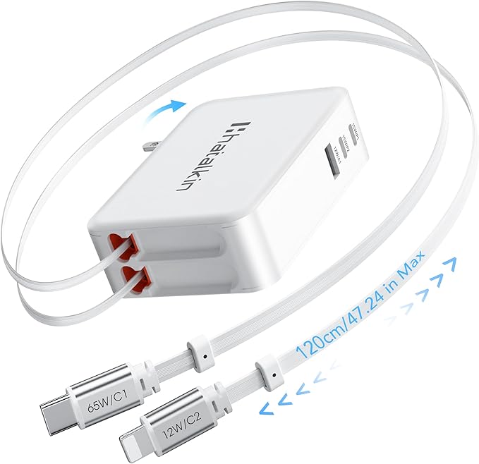 65W for MacBook Pro Charger, 5-in-1 Retractable Wall Charger Plug for iPhone 17 by HATALKIN