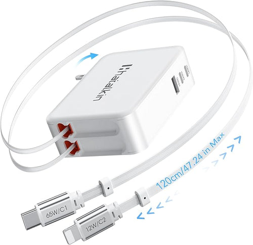 65W for MacBook Pro Charger, 5-in-1 Retractable Wall Charger Plug for iPhone 17 by HATALKIN