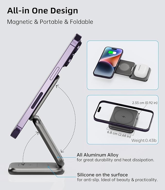 Foldable Magnetic Wireless Charger, KU XIU X40 Aluminum Alloy 3 in 1 Charging - Image 7