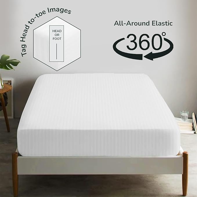 Feather & Stitch 1 Piece Fitted Sheet Full Size, 100% Cotton Damask Sateen Weave - Image 4