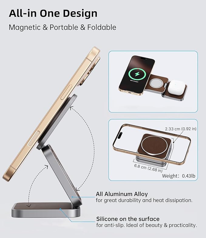 Foldable Magnetic Wireless Charger, KU XIU Aluminum Alloy 3 in 1 Charging - Image 7