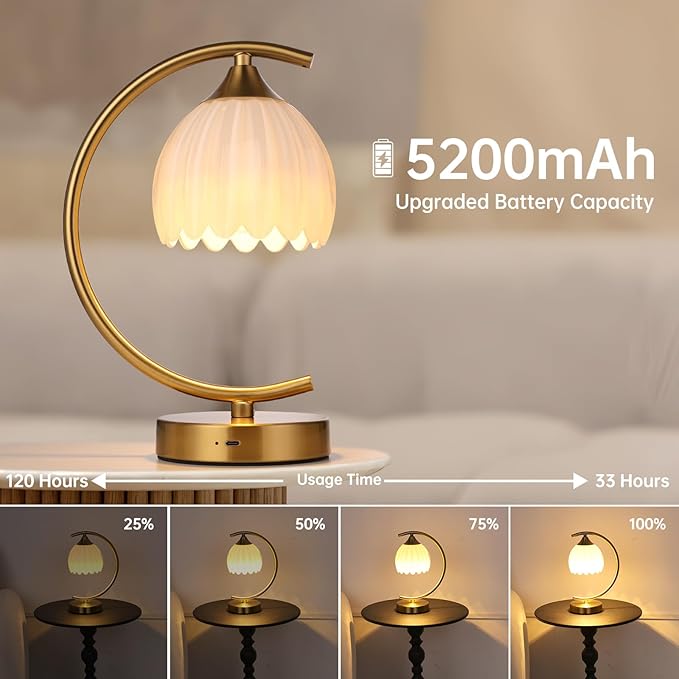 Tulip Table Lamp with 5200mAh Battery & Touch Control, Cordless Lamp with 3 - Image 2