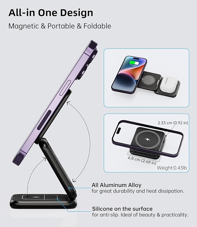 Foldable Magnetic Wireless Charger, KU XIU X40 Aluminum Alloy 3 in 1 Charging - Image 7