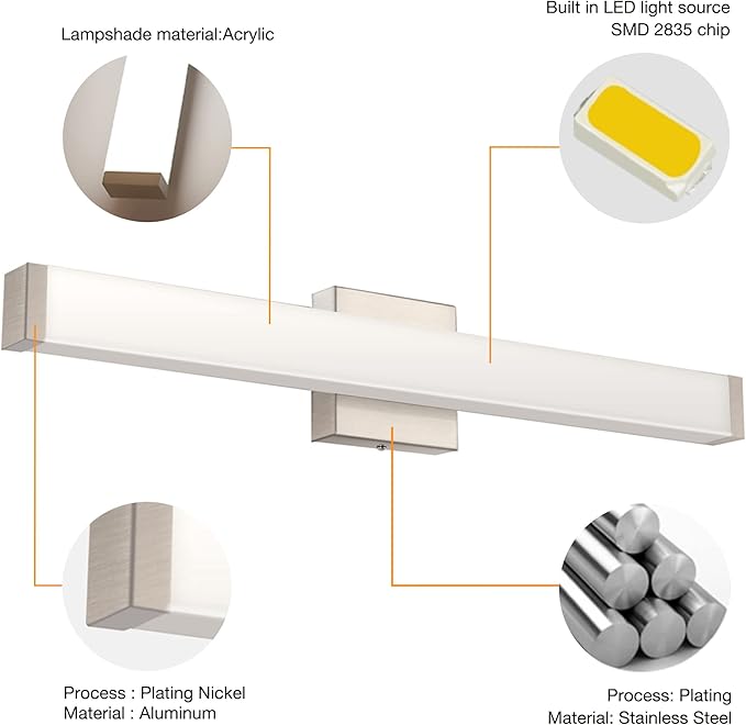LED Bathroom Vanity Light Fixtures 33.5in Brushed Nickel, Dimmable18W 4000K - Image 4