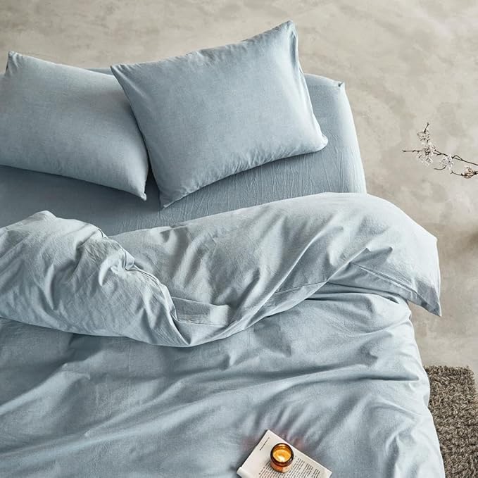 Wake In Cloud - Cotton Duvet Cover Set, Queen Size, Light Denim Blue, 100% - Image 4