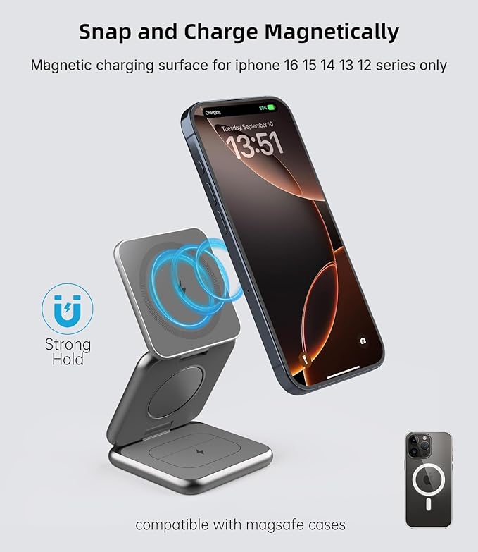 Foldable Magnetic Wireless Charger, KU XIU X40 Aluminum Alloy 3 in 1 Charging - Image 3