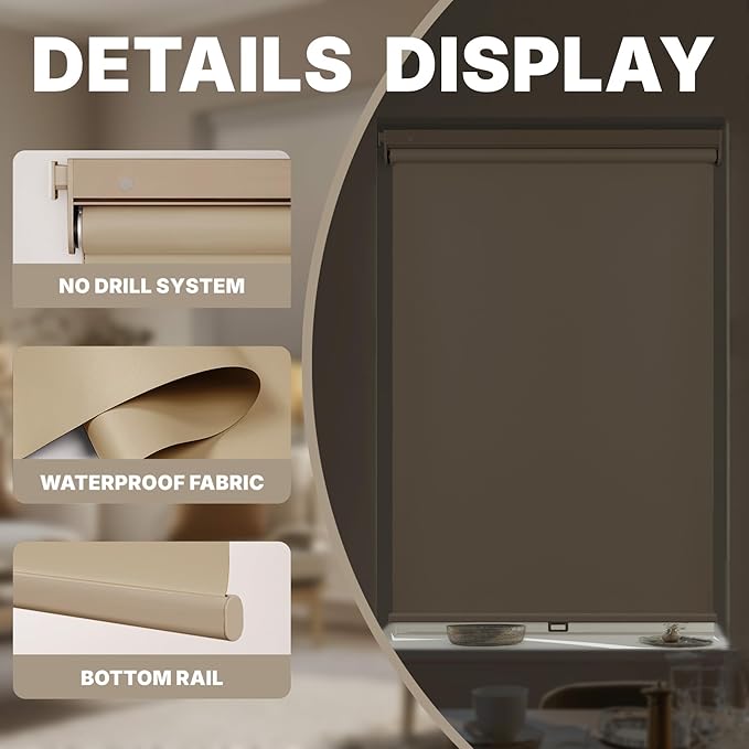 HESTIA No Drill Cordless Blackout Roller Shades Screwless Waterproof Shower - Image 2