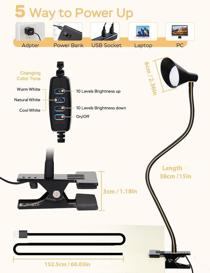Clip on Light USB Reading Light, Eye Care Dimmable Reading Lamp 3 Color & 10 - Image 5