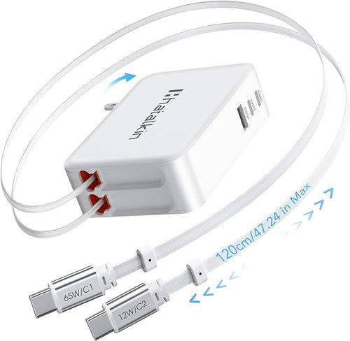 65W for MacBook Pro Charger, 5-in-1 Retractable Wall Charger Plug for iPhone 17 by HATALKIN
