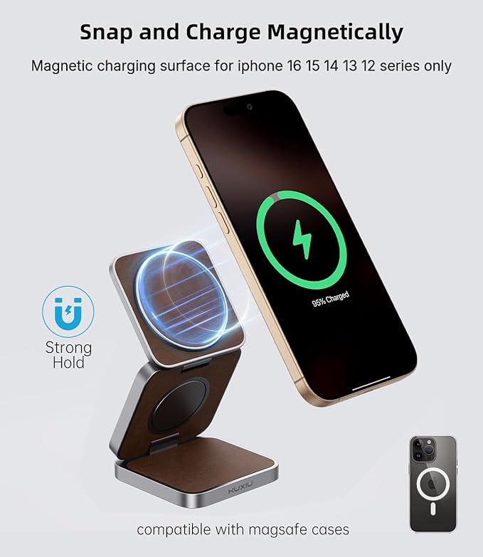 Foldable Magnetic Wireless Charger, KU XIU Aluminum Alloy 3 in 1 Charging - Image 3