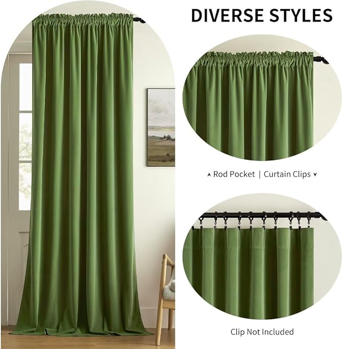 Joydeco Green Velvet Curtains 96 inch 2 Panel, Room Darkening Super Soft Velvet - Image 2