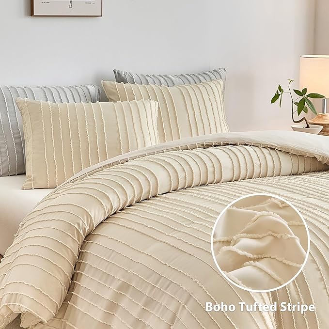 WARMDERN Khaki Boho Duvet Cover Set Full Size, Striped Textured Tufted Bedding - Image 2