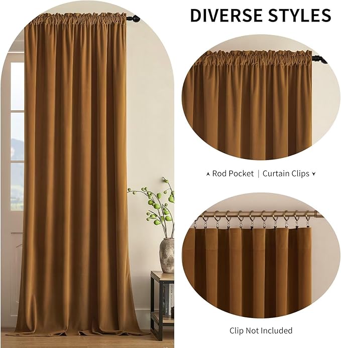 Joydeco Camel Brown Velvet Curtains 63 inch Length 2 Panels, Luxury Blackout - Image 2