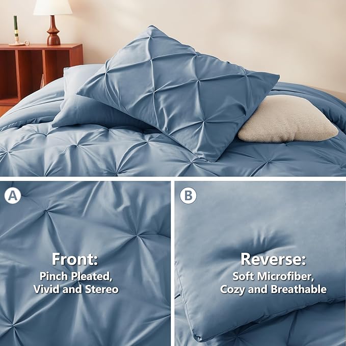 CozyLux Full Size Comforter Sets Grayish Blue, 7 Pieces Pintuck Bed in A Bag - Image 3