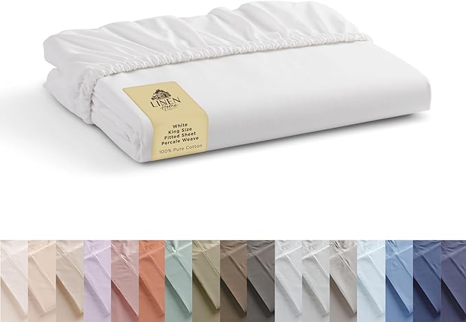 Linen Home 100% Cotton Percale Weave Fitted Sheet, King Size, 1 Deep Pocket by LINENHOME