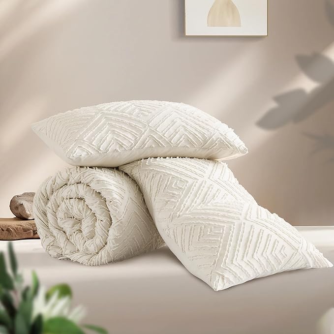 Andency Beige California King Comforter Set, 3 Pieces Cream Boho Tufted Cal - Image 3