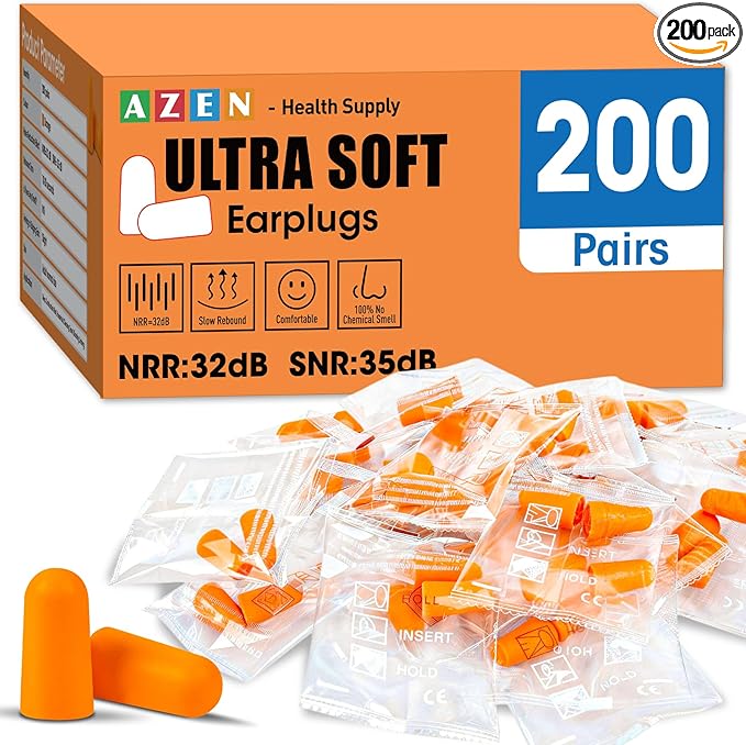 AZEN 200 Pairs Ear Plugs, NRR 32dB Soft Foam Ear Plugs by AZEN