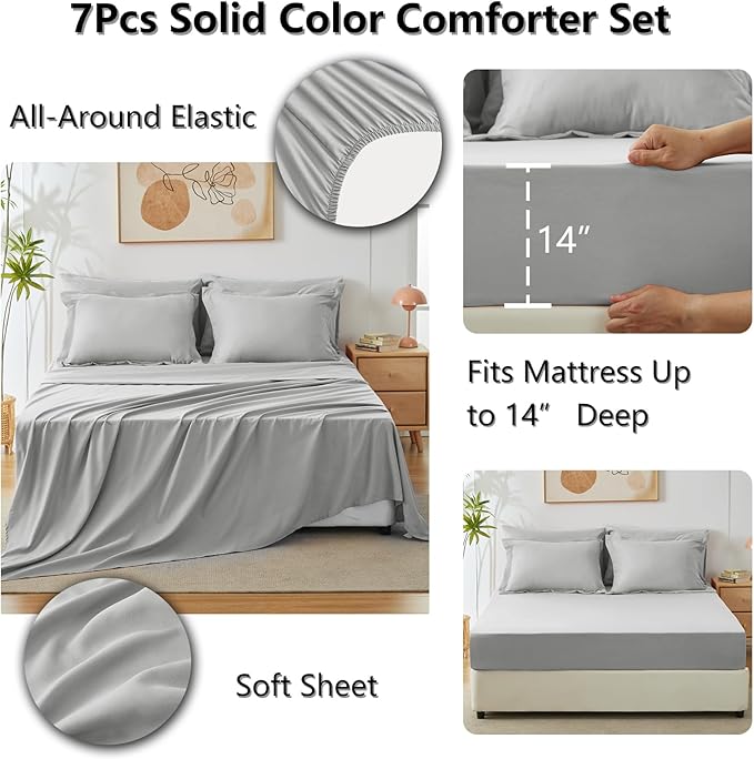 CozyLux Queen Comforter Set Light Grey, 7 Pieces Bed in a Bag Queen Comforter - Image 6